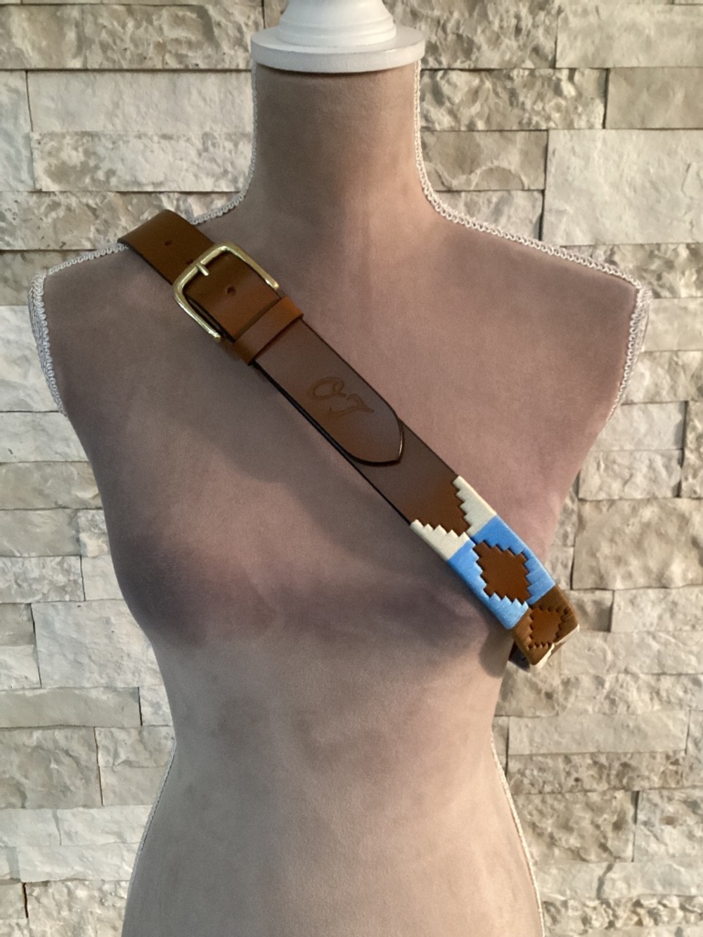 Old Tram Argentine Leather Polo Belt Hand-Stitched Blue Cream Geometric Pampa 38
